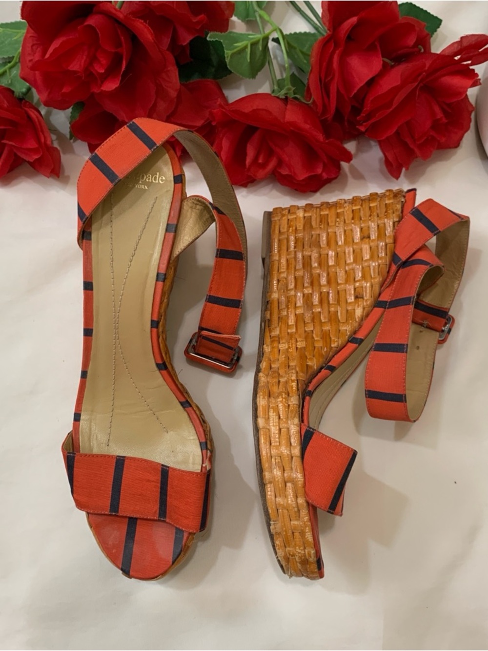 kate spade Red and Navy Striped Wedge Sandals